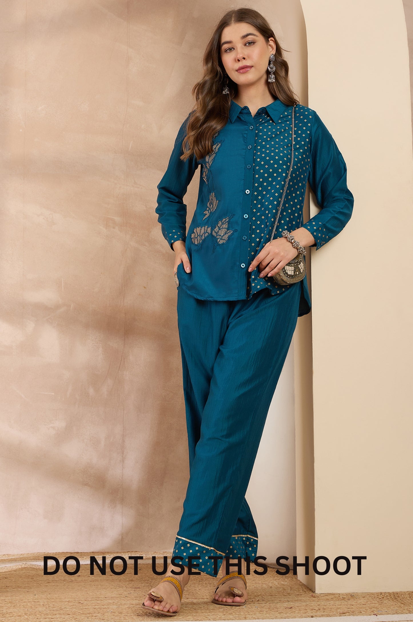 Women Turquoise Blue Chinnon Embroidered Foil Work Shirt Pant Set
