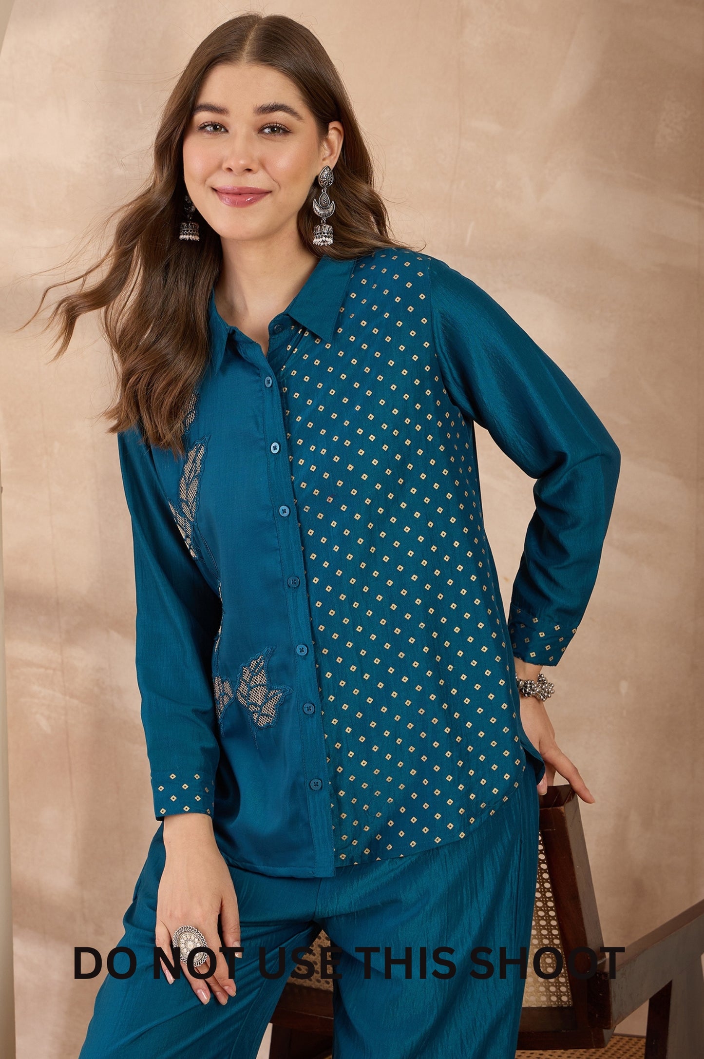 Women Turquoise Blue Chinnon Embroidered Foil Work Shirt Pant Set