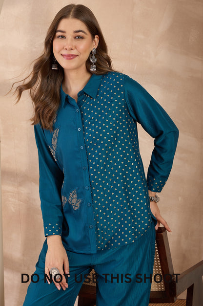 Women Turquoise Blue Chinnon Embroidered Foil Work Shirt Pant Set