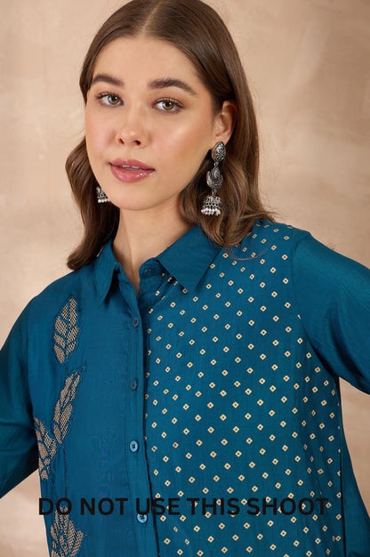 Women Turquoise Blue Chinnon Embroidered Foil Work Shirt Pant Set