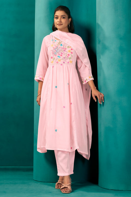 Women Cotton Pink Birds Embroidered Kurta Pant with Dupatta Set