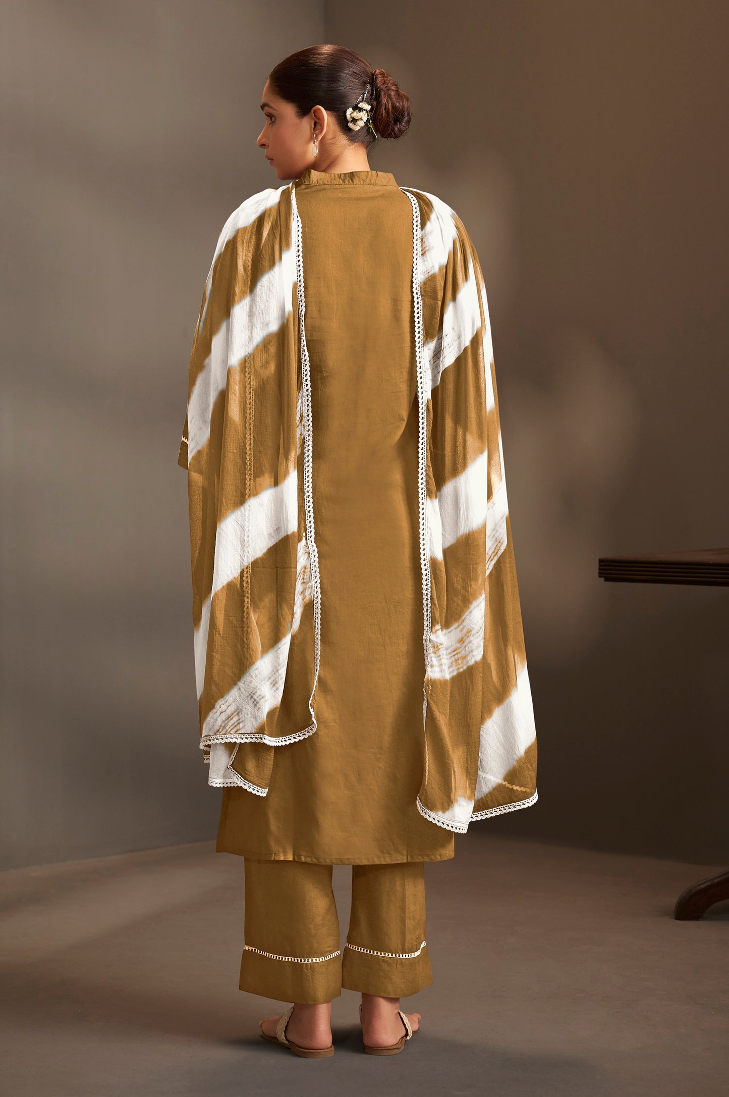 Brown Pure Cotton Schiffli Embroidered Straight Kurta Set with Cotton Pants & Najmin Chiffon Dupatta