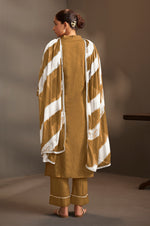 Brown Pure Cotton Schiffli Embroidered Straight Kurta Set with Cotton Pants & Najmin Chiffon Dupatta