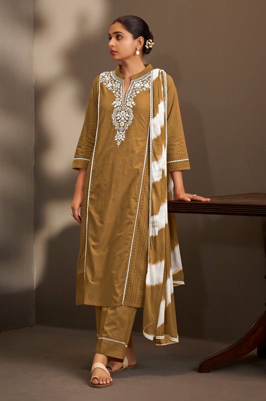 Brown Pure Cotton Schiffli Embroidered Straight Kurta Set with Cotton Pants & Najmin Chiffon Dupatta