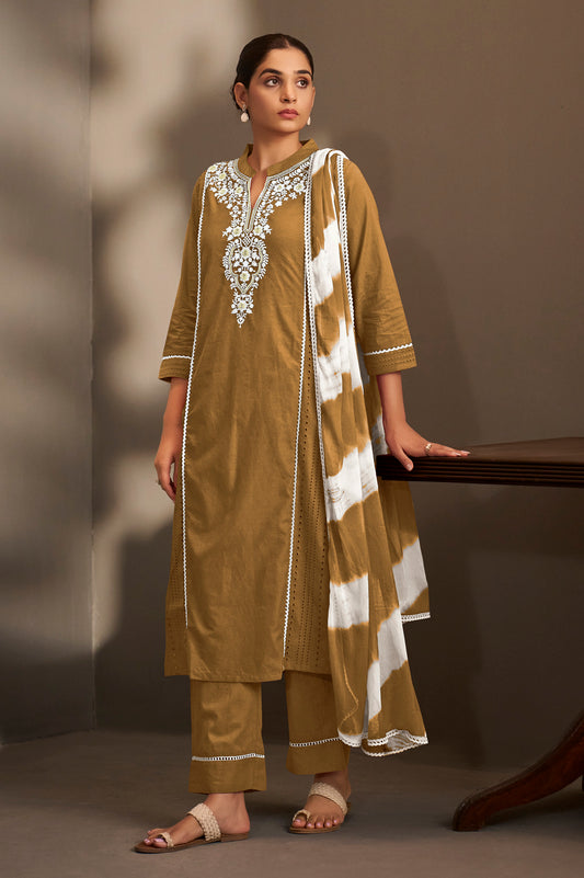 Brown Pure Cotton Schiffli Embroidered Straight Kurta Set with Cotton Pants & Najmin Chiffon Dupatta