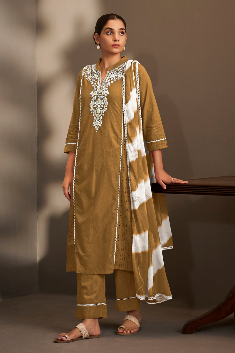 Brown Pure Cotton Schiffli Embroidered Straight Kurta Set with Cotton Pants & Najmin Chiffon Dupatta