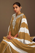 Brown Pure Cotton Schiffli Embroidered Straight Kurta Set with Cotton Pants & Najmin Chiffon Dupatta