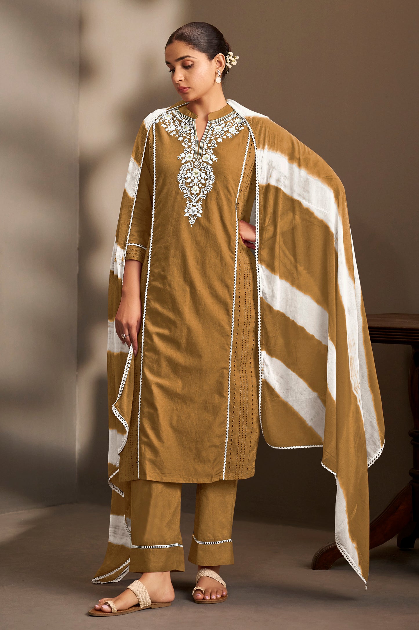 Brown Pure Cotton Schiffli Embroidered Straight Kurta Set with Cotton Pants & Najmin Chiffon Dupatta