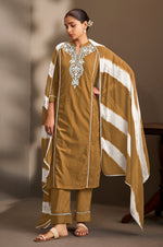 Brown Pure Cotton Schiffli Embroidered Straight Kurta Set with Cotton Pants & Najmin Chiffon Dupatta