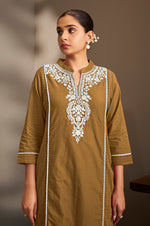 Brown Pure Cotton Schiffli Embroidered Straight Kurta Set with Cotton Pants & Najmin Chiffon Dupatta