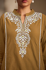 Brown Pure Cotton Schiffli Embroidered Straight Kurta Set with Cotton Pants & Najmin Chiffon Dupatta