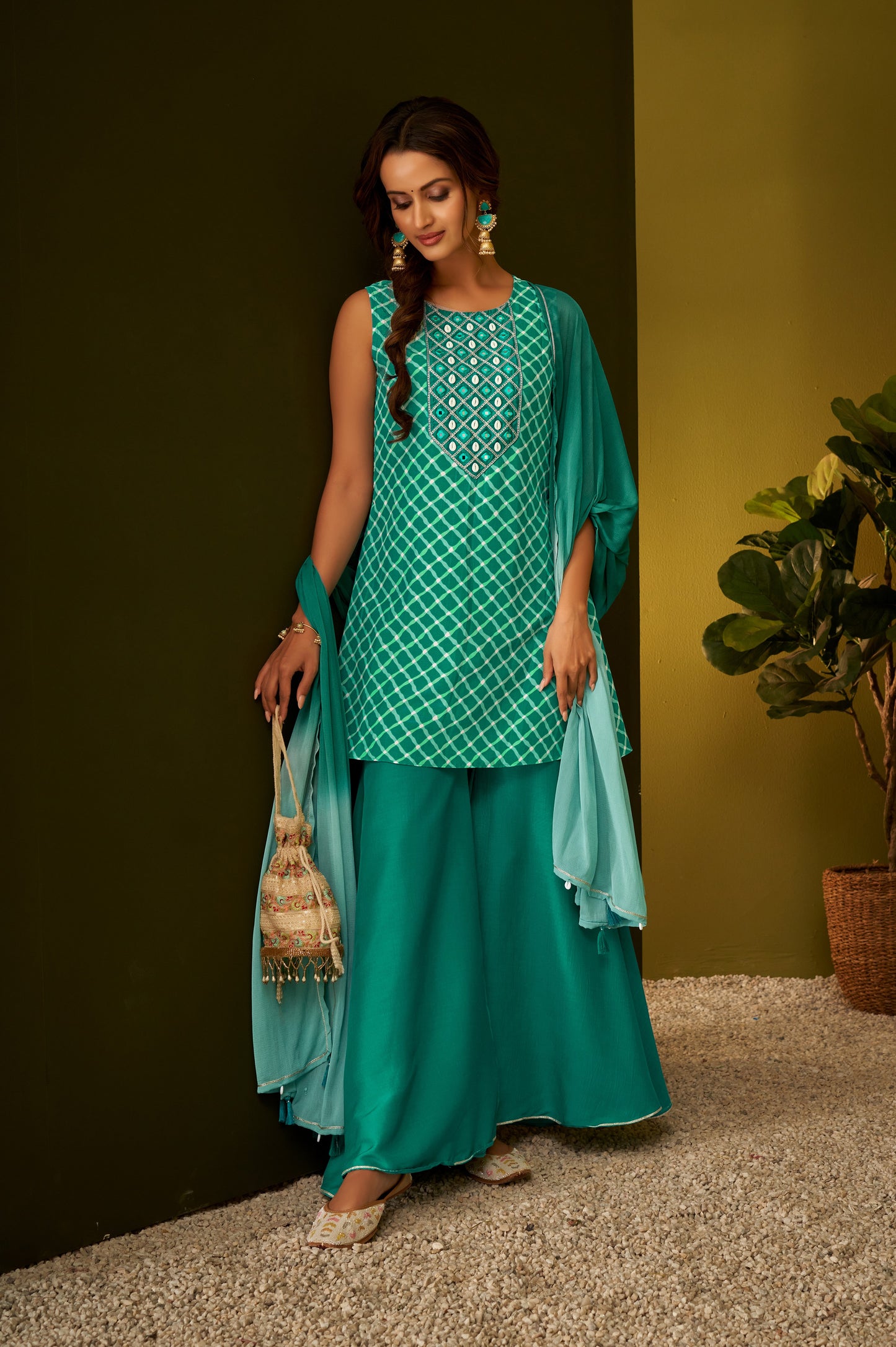 Rama Green Shell Work Kurta Palazzo and Dupatta Set