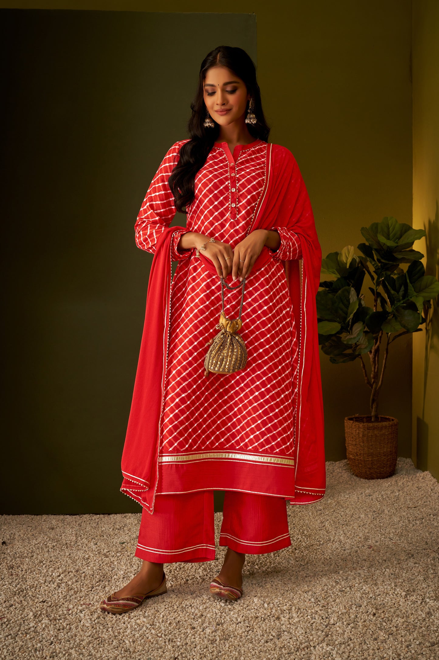 Crimson Red Checkered Gotta Patti Kurta Set