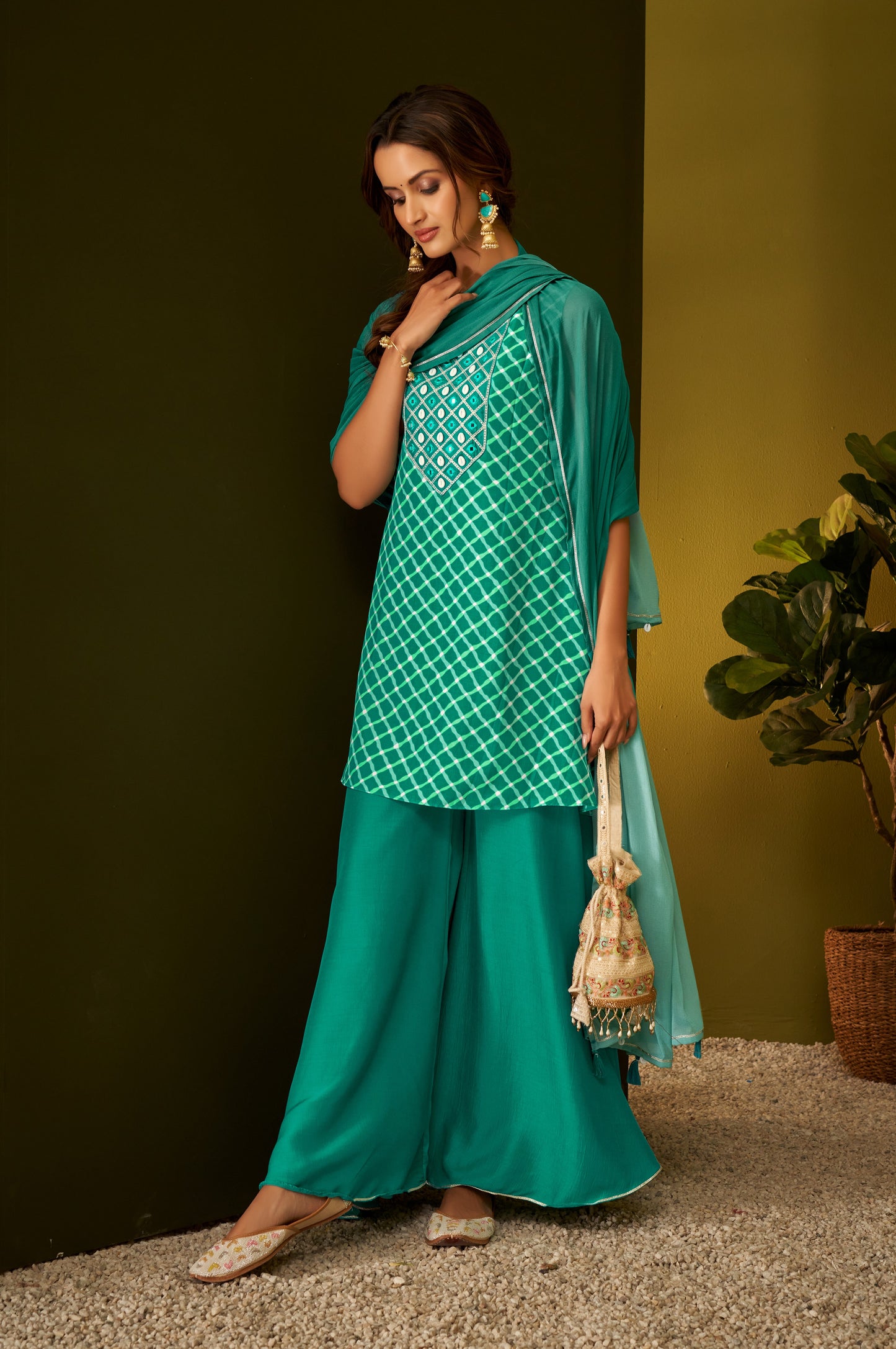 Rama Green Shell Work Kurta Palazzo and Dupatta Set