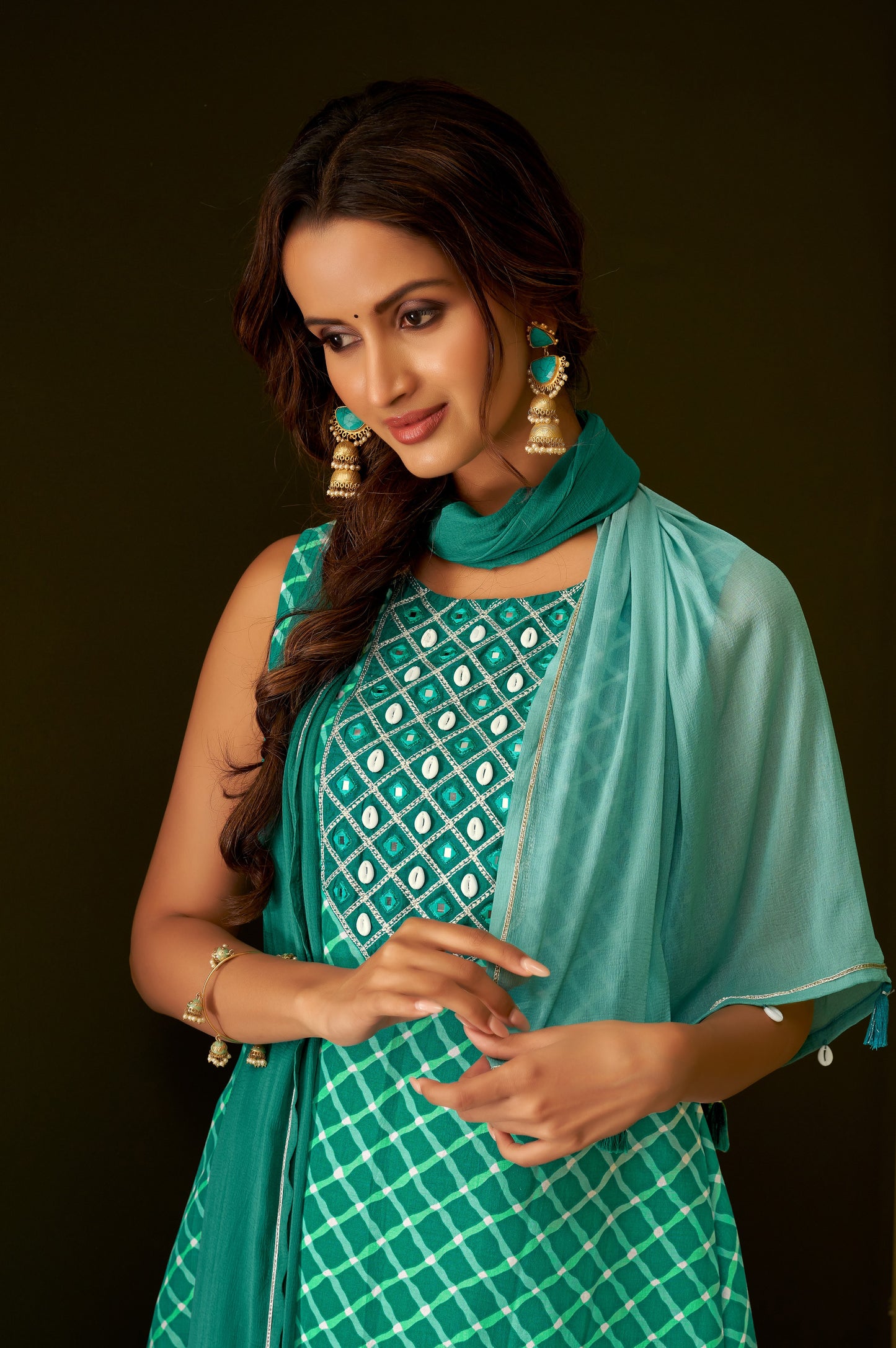 Rama Green Shell Work Kurta Palazzo and Dupatta Set