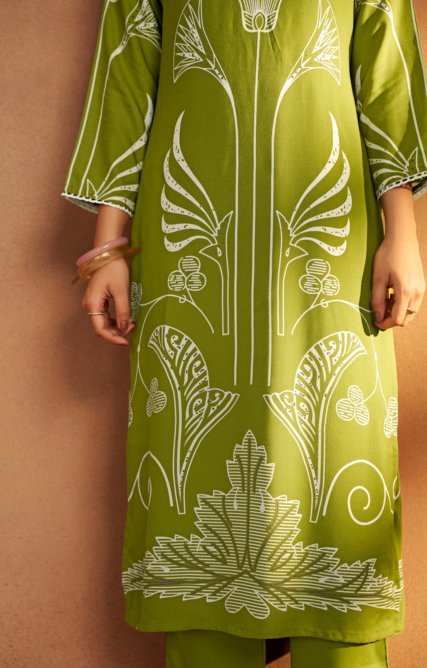 Green Viscose Rayon Printed Straight Co-Ord Set