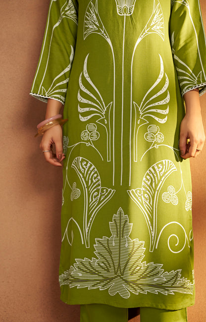 Green Viscose Rayon Printed Straight Co-Ord Set