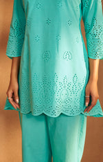 Women’s Pure Cotton Sky Blue Schiffli Co-Ord Set