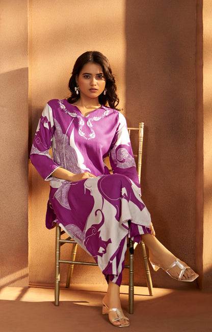 Purple Viscose Rayon Printed Straight Co-Ord Set