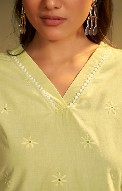 Women’s Pure Cotton Yellow Schiffli Co-Ord Set