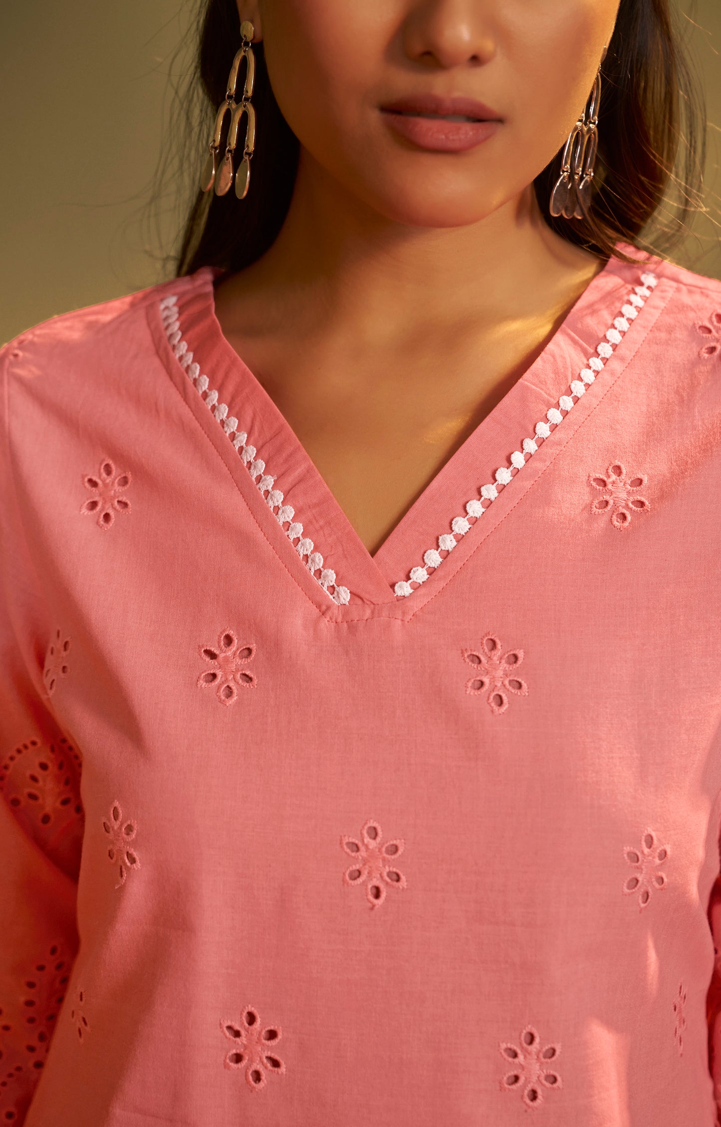 Women’s Pure Cotton Pink Schiffli Co-Ord Set