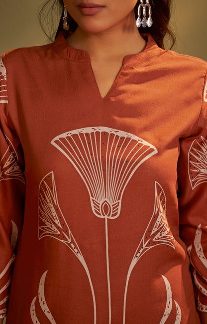 Rust Viscose Rayon Printed Straight Co-Ord Set