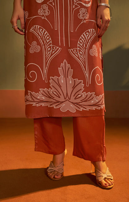 Rust Viscose Rayon Printed Straight Co-Ord Set