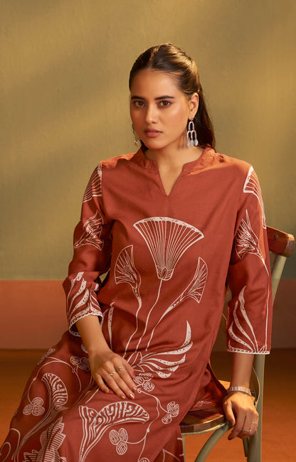 Rust Viscose Rayon Printed Straight Co-Ord Set