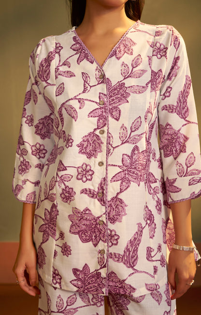 Women’s Cream Cotton Blend Printed Co-Ord Set