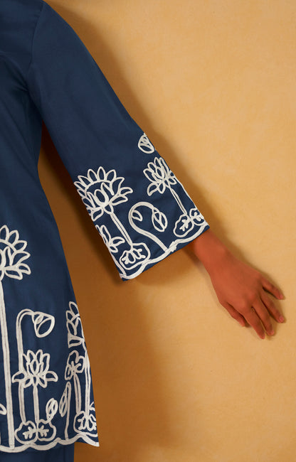 Women Navy Blue Embroidered Cotton Blend Straight Kurta Co-ord Set