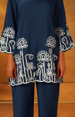 Women Navy Blue Embroidered Cotton Blend Straight Kurta Co-ord Set