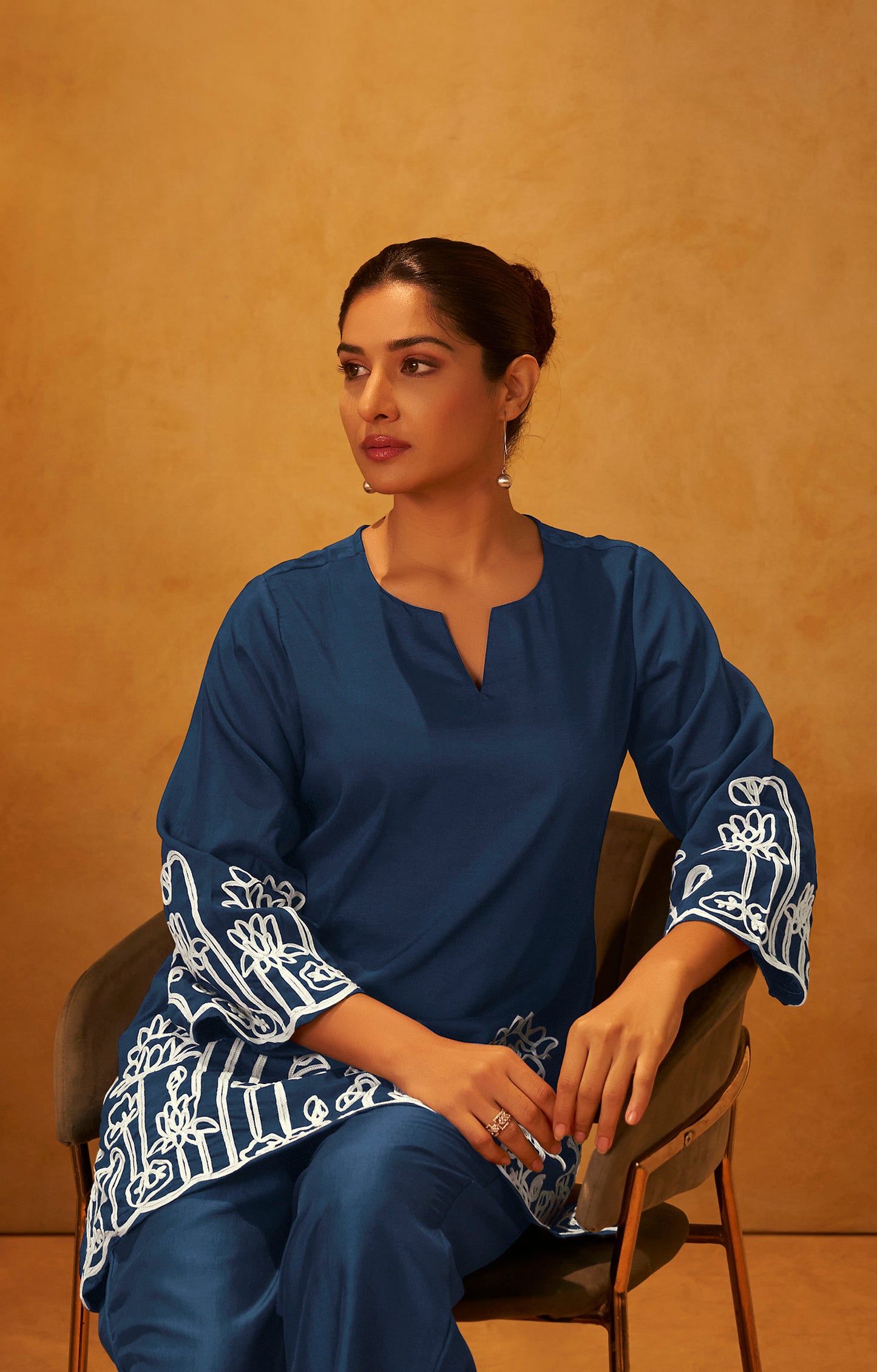 Women Navy Blue Embroidered Cotton Blend Straight Kurta Co-ord Set