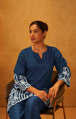 Women Navy Blue Embroidered Cotton Blend Straight Kurta Co-ord Set