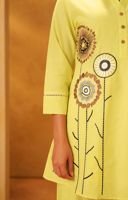 Women Yellow Pure Cotton Embroidered Straight Kurta Co-Ord Set