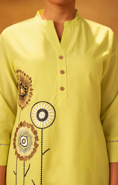 Women Yellow Pure Cotton Embroidered Straight Kurta Co-Ord Set