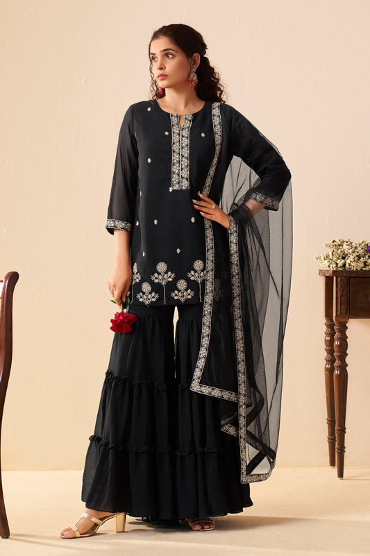 Women Black Georgette Handwork Embroidered Straight Kurta with Sharara & Net Dupatta