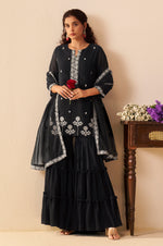Women Black Georgette Handwork Embroidered Straight Kurta with Sharara & Net Dupatta