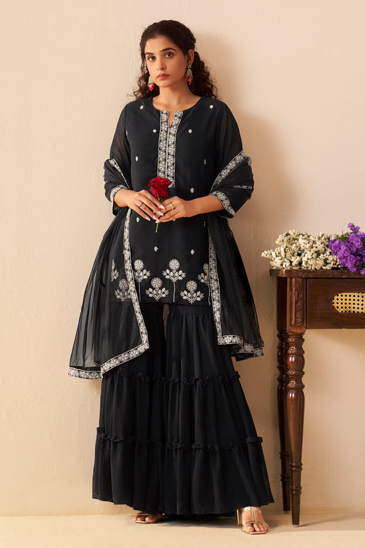 Women Black Georgette Handwork Embroidered Straight Kurta with Sharara & Net Dupatta
