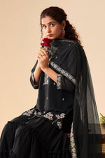 Women Black Georgette Handwork Embroidered Straight Kurta with Sharara & Net Dupatta