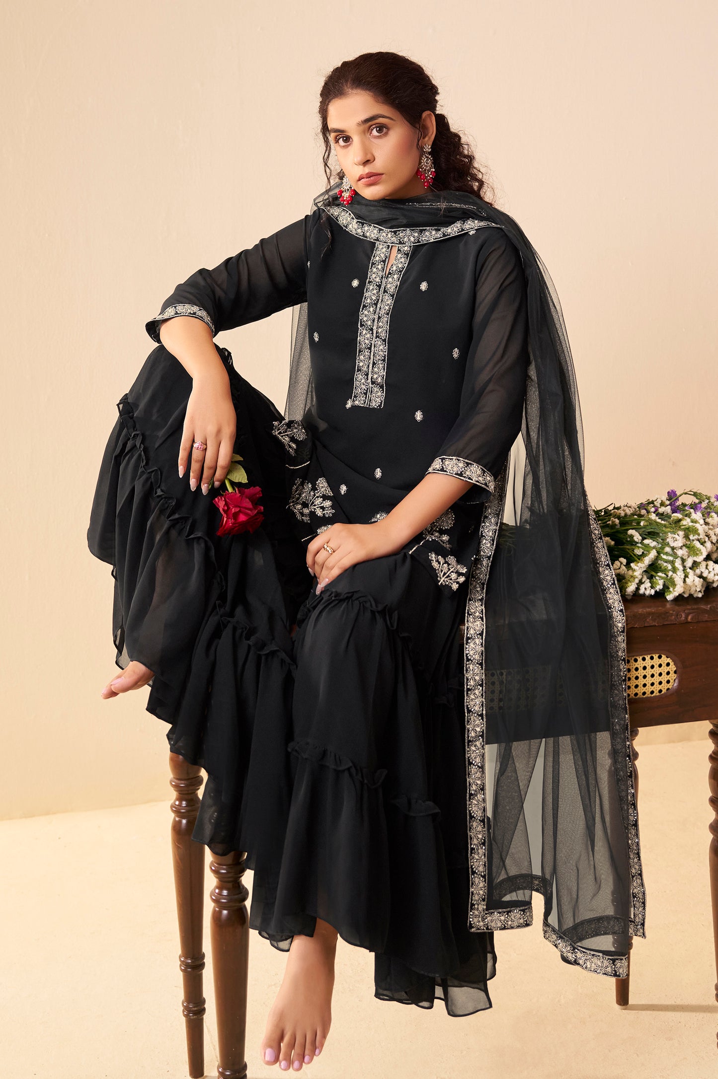 Women Black Georgette Handwork Embroidered Straight Kurta with Sharara & Net Dupatta