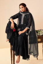 Women Black Georgette Handwork Embroidered Straight Kurta with Sharara & Net Dupatta