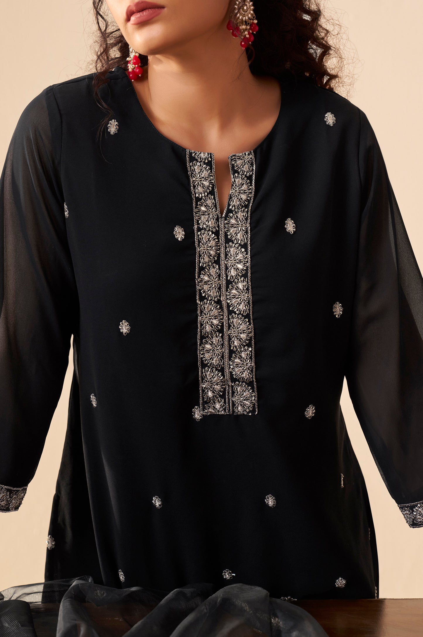 Women Black Georgette Handwork Embroidered Straight Kurta with Sharara & Net Dupatta