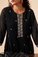 Women Black Georgette Handwork Embroidered Straight Kurta with Sharara & Net Dupatta