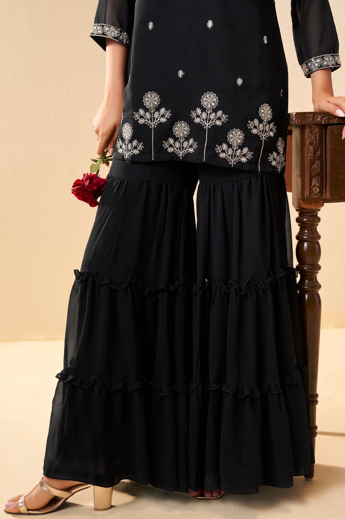 Women Black Georgette Handwork Embroidered Straight Kurta with Sharara & Net Dupatta