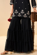 Women Black Georgette Handwork Embroidered Straight Kurta with Sharara & Net Dupatta