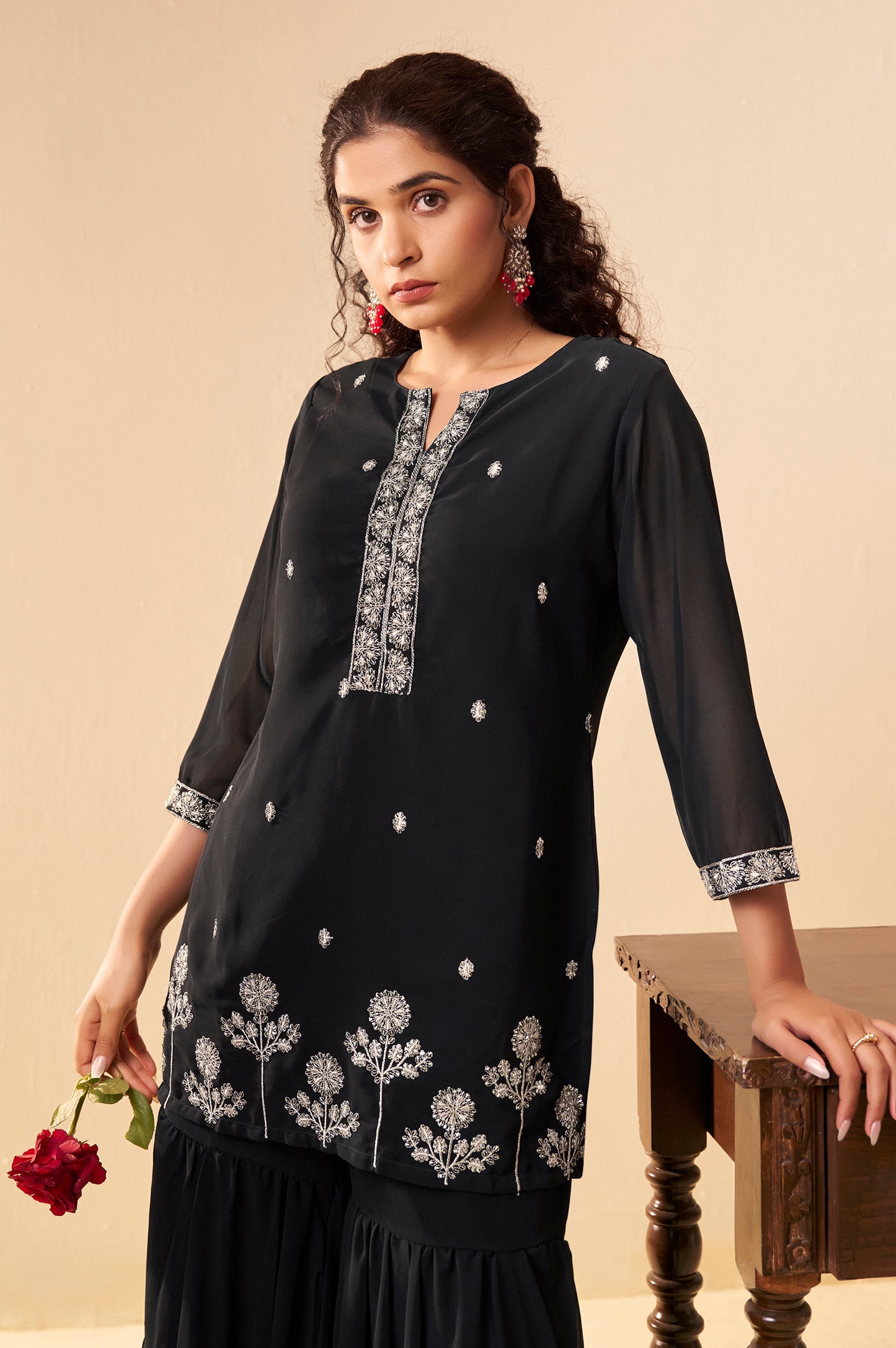 Women Black Georgette Handwork Embroidered Straight Kurta with Sharara & Net Dupatta