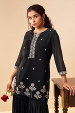 Women Black Georgette Handwork Embroidered Straight Kurta with Sharara & Net Dupatta