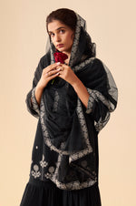Women Black Georgette Handwork Embroidered Straight Kurta with Sharara & Net Dupatta