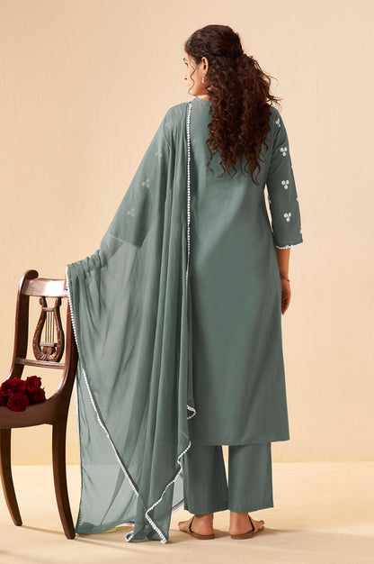 Grey Pure Cotton Schiffli Embroidered Straight Kurta Set with Cotton Pants, Inner & Najmin Chiffon Dupatta