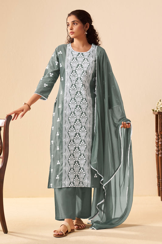 Grey Pure Cotton Schiffli Embroidered Straight Kurta Set with Cotton Pants, Inner & Najmin Chiffon Dupatta